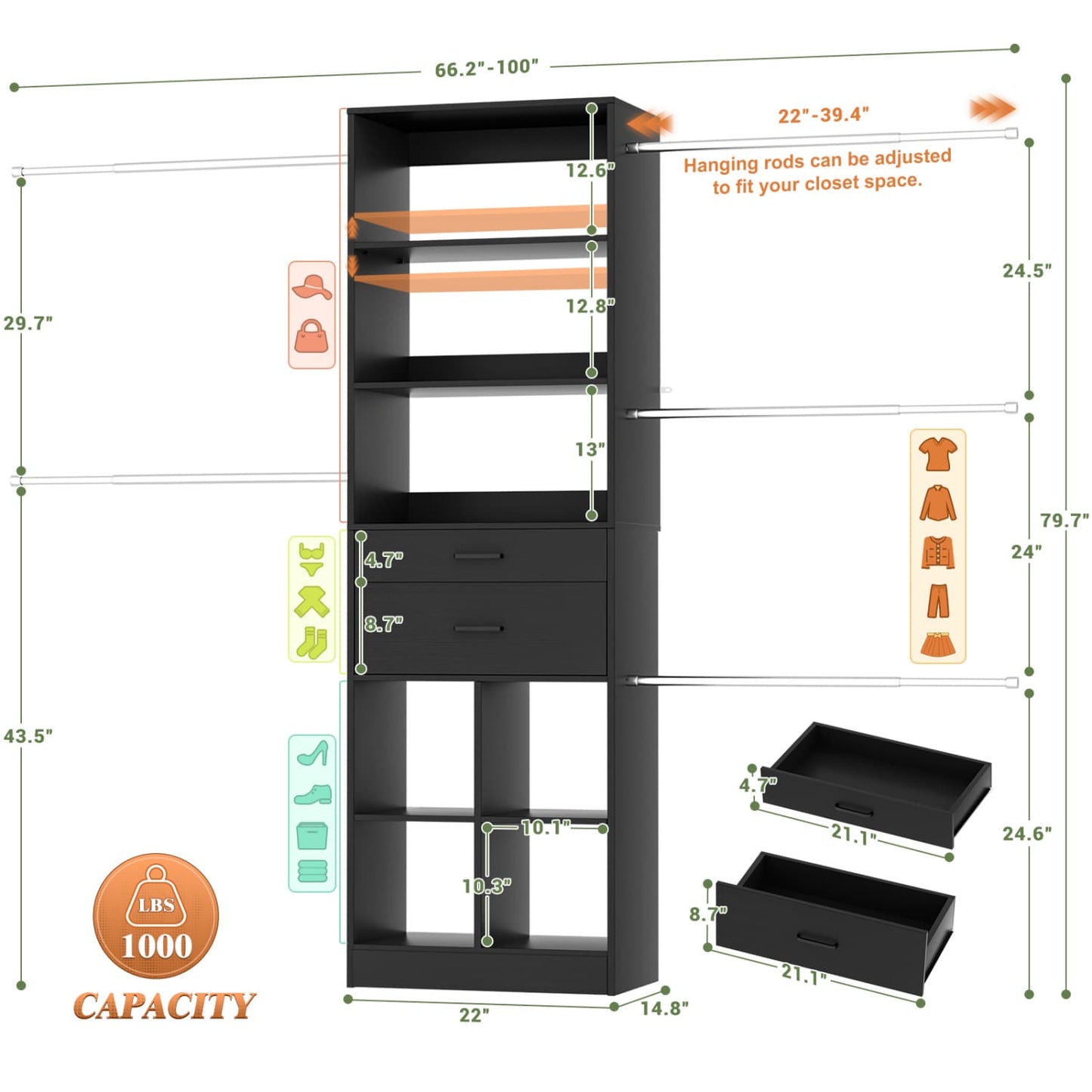 8FT Closet Organizer with Wood Drawers and Cubbies, Adjustable Closet System with 5 Hanging Rods