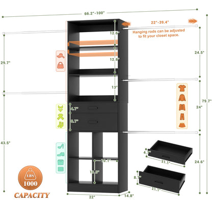 8FT Closet Organizer with Wood Drawers and Cubbies, Adjustable Closet System with 5 Hanging Rods