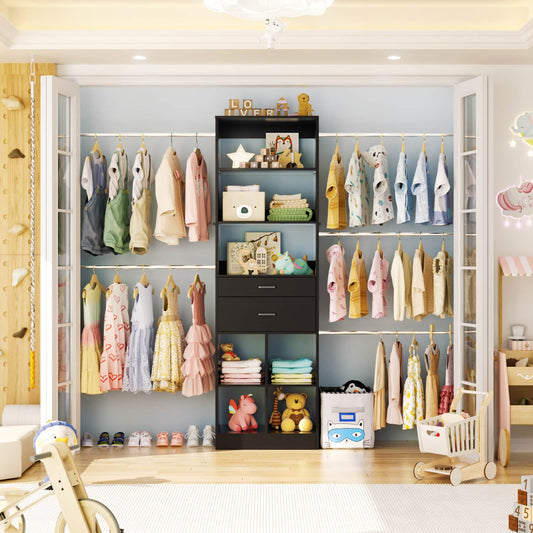 8FT Closet Organizer with Wood Drawers and Cubbies, Adjustable Closet System with 5 Hanging Rods