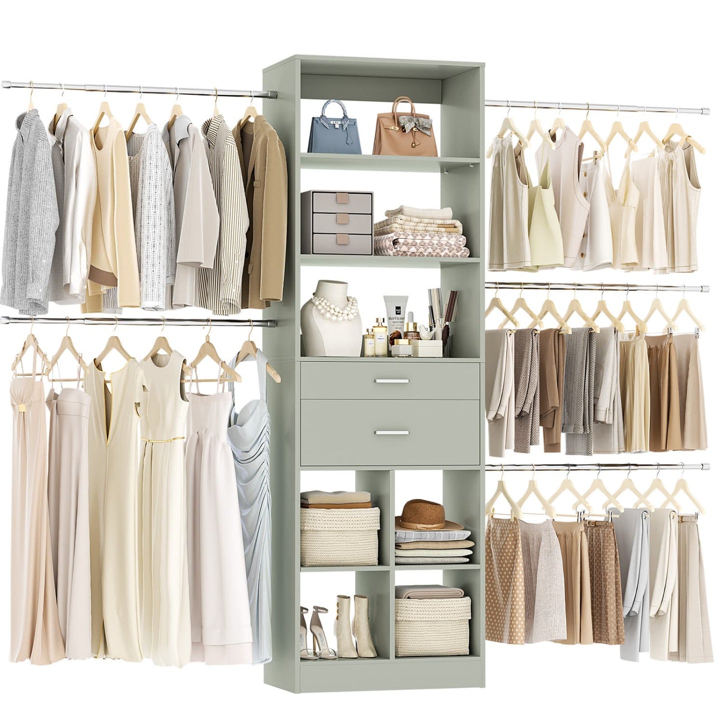 8FT Closet Organizer with Wood Drawers and Cubbies, Adjustable Closet System with 5 Hanging Rods
