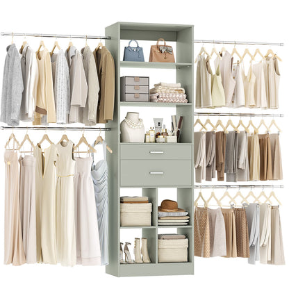 8FT Closet Organizer with Wood Drawers and Cubbies, Adjustable Closet System with 5 Hanging Rods