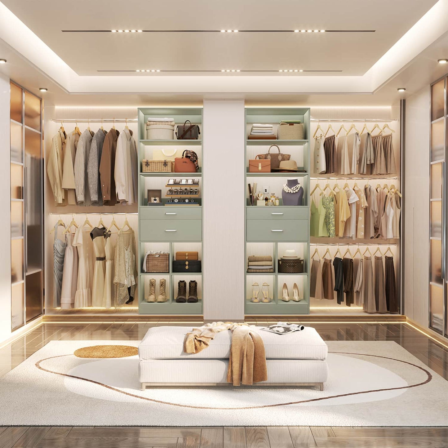 8FT Closet Organizer with Wood Drawers and Cubbies, Adjustable Closet System with 5 Hanging Rods