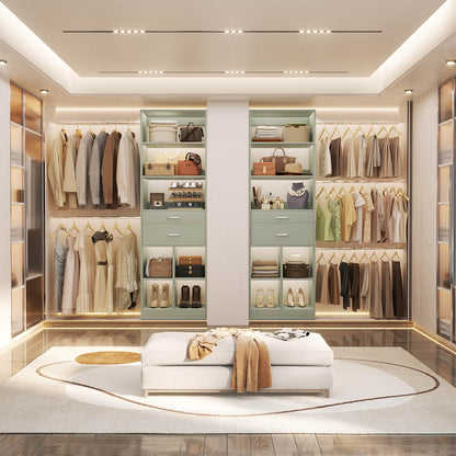 8FT Closet Organizer with Wood Drawers and Cubbies, Adjustable Closet System with 5 Hanging Rods