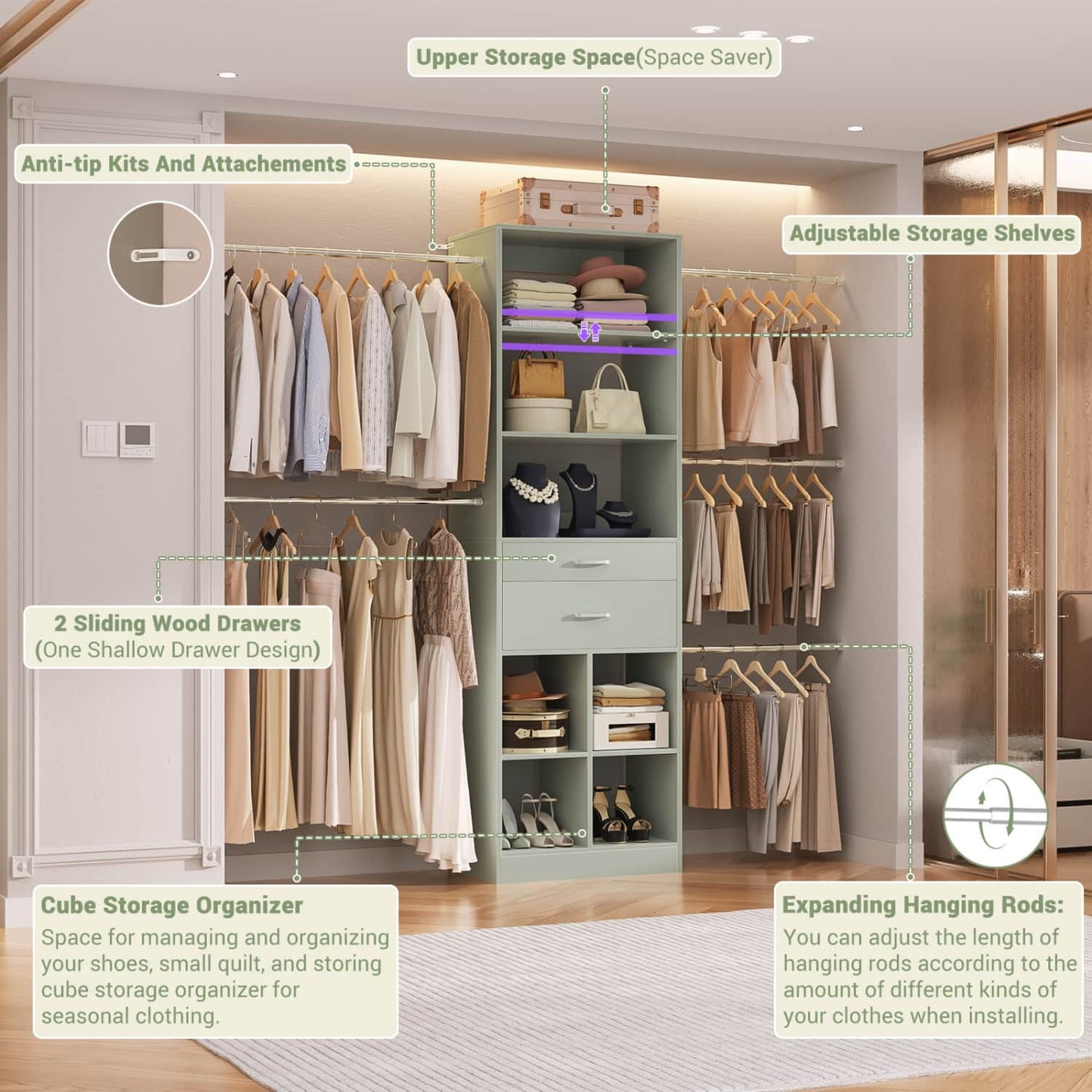 8FT Closet Organizer with Wood Drawers and Cubbies, Adjustable Closet System with 5 Hanging Rods