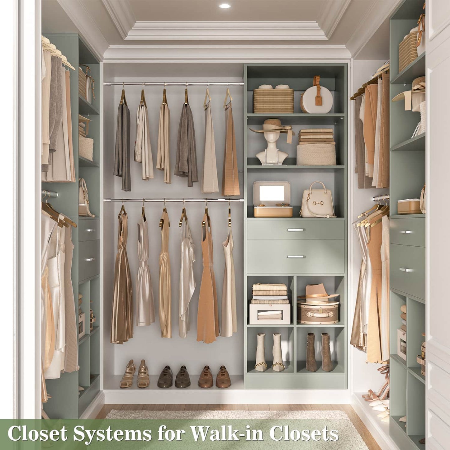 8FT Closet Organizer with Wood Drawers and Cubbies, Adjustable Closet System with 5 Hanging Rods