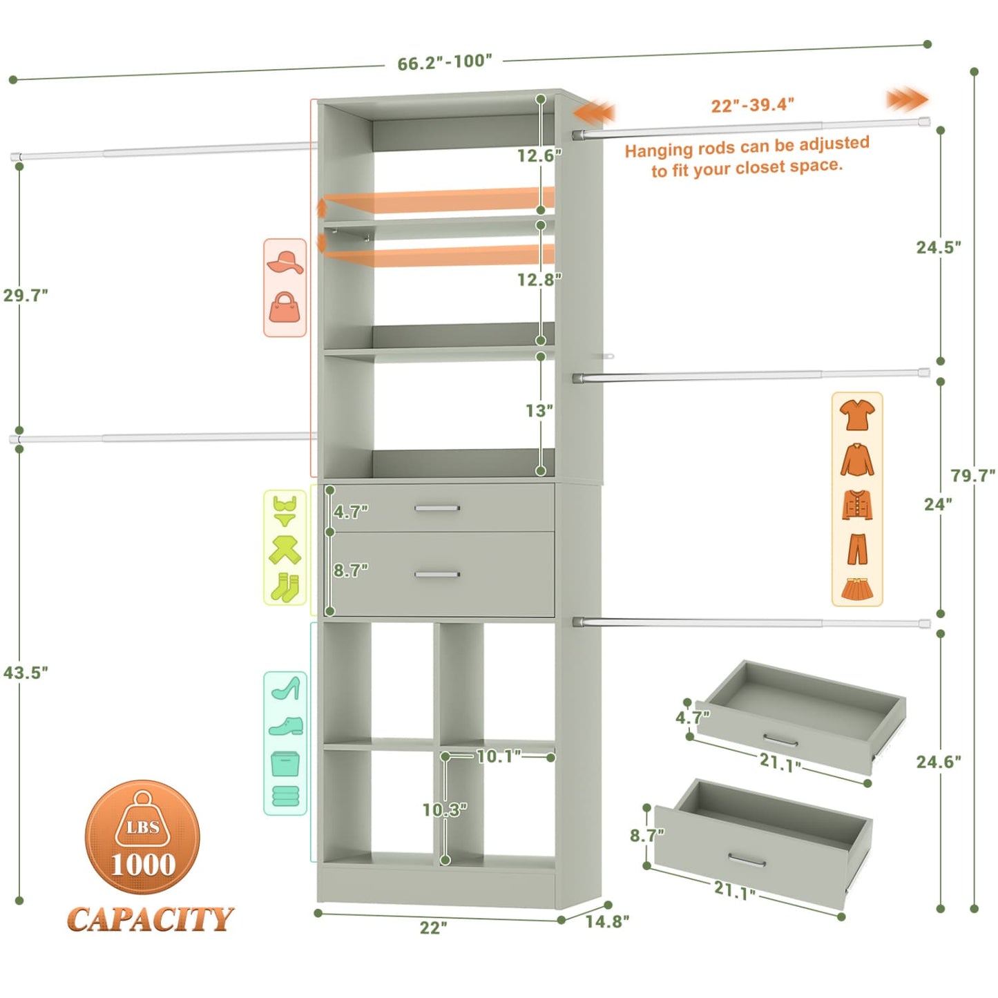 8FT Closet Organizer with Wood Drawers and Cubbies, Adjustable Closet System with 5 Hanging Rods
