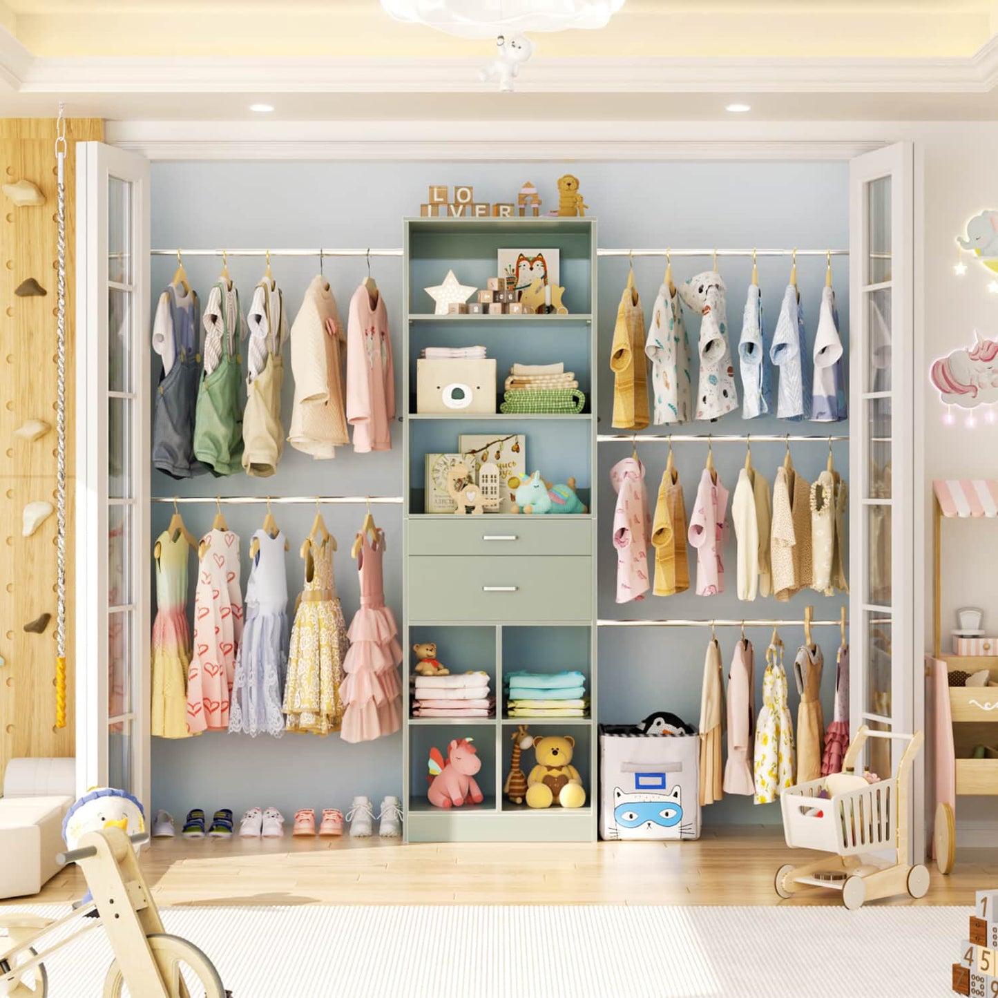 8FT Closet Organizer with Wood Drawers and Cubbies, Adjustable Closet System with 5 Hanging Rods