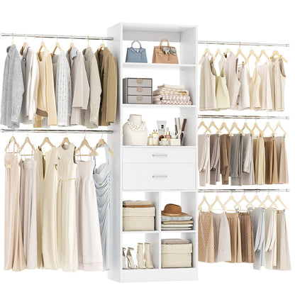 8FT Closet Organizer with Wood Drawers and Cubbies, Adjustable Closet System with 5 Hanging Rods