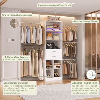8FT Closet Organizer with Wood Drawers and Cubbies, Adjustable Closet System with 5 Hanging Rods