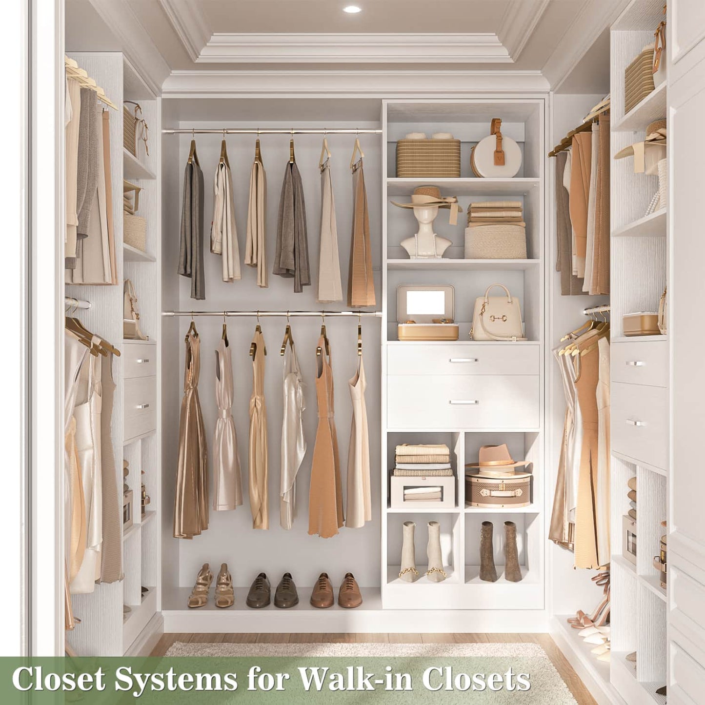 8FT Closet Organizer with Wood Drawers and Cubbies, Adjustable Closet System with 5 Hanging Rods