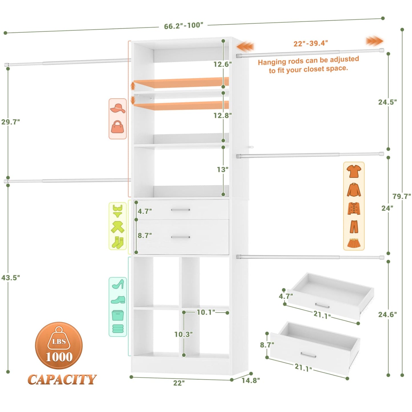 8FT Closet Organizer with Wood Drawers and Cubbies, Adjustable Closet System with 5 Hanging Rods