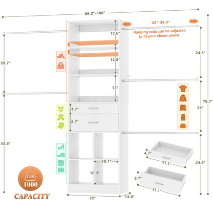 8FT Closet Organizer with Wood Drawers and Cubbies, Adjustable Closet System with 5 Hanging Rods