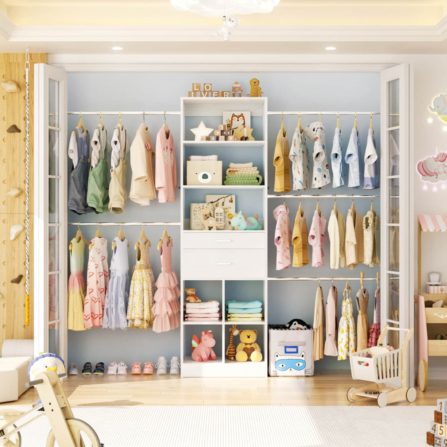 8FT Closet Organizer with Wood Drawers and Cubbies, Adjustable Closet System with 5 Hanging Rods