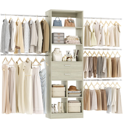 8FT Closet Organizer with Wood Drawers and Cubbies, Adjustable Closet System with 5 Hanging Rods