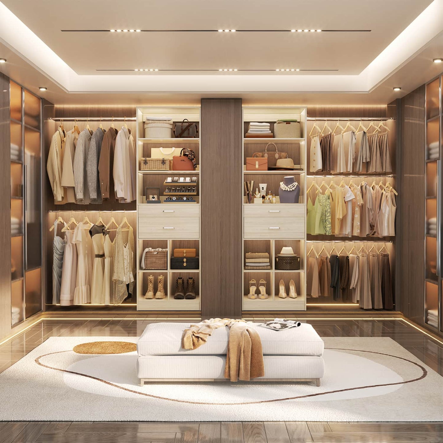 8FT Closet Organizer with Wood Drawers and Cubbies, Adjustable Closet System with 5 Hanging Rods