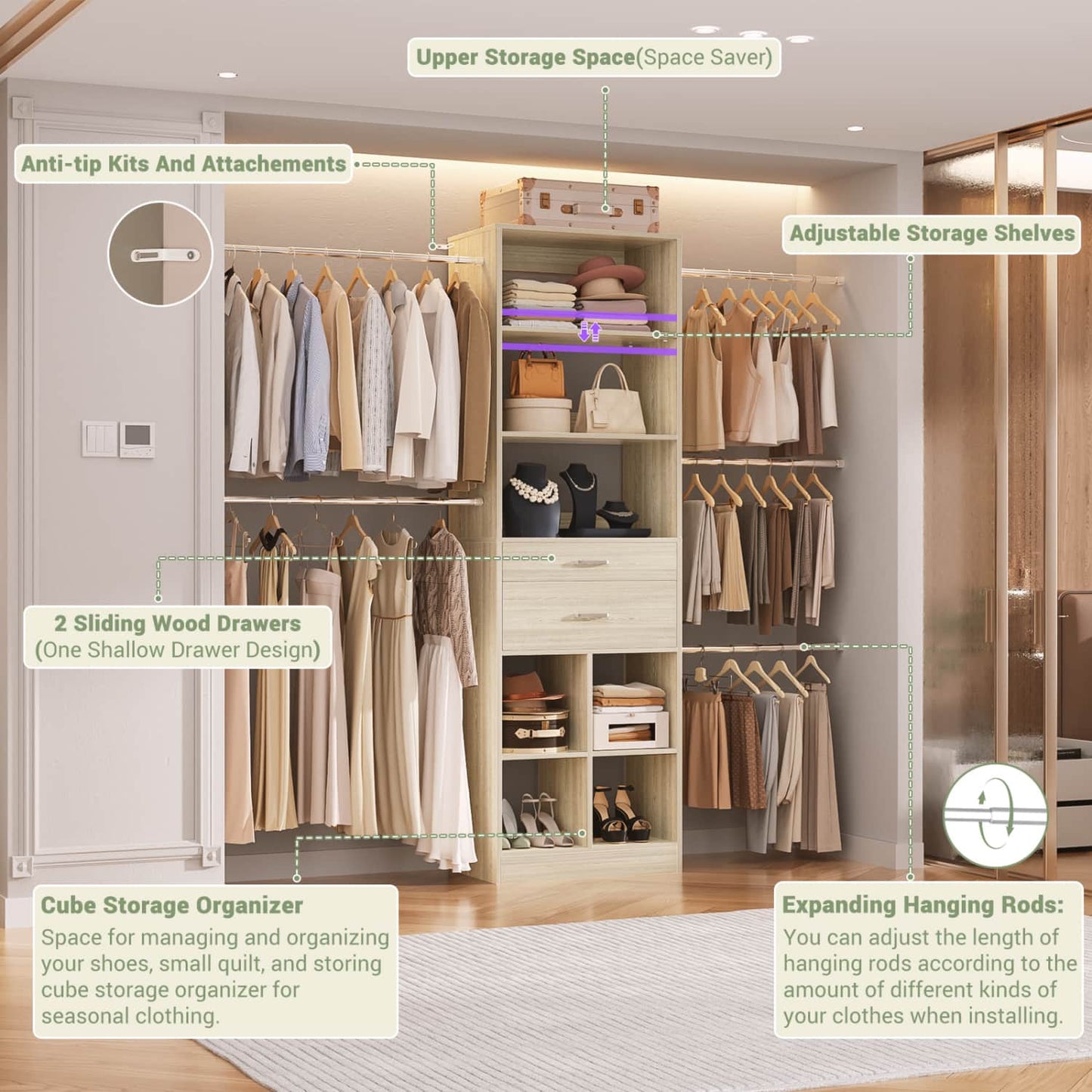 8FT Closet Organizer with Wood Drawers and Cubbies, Adjustable Closet System with 5 Hanging Rods