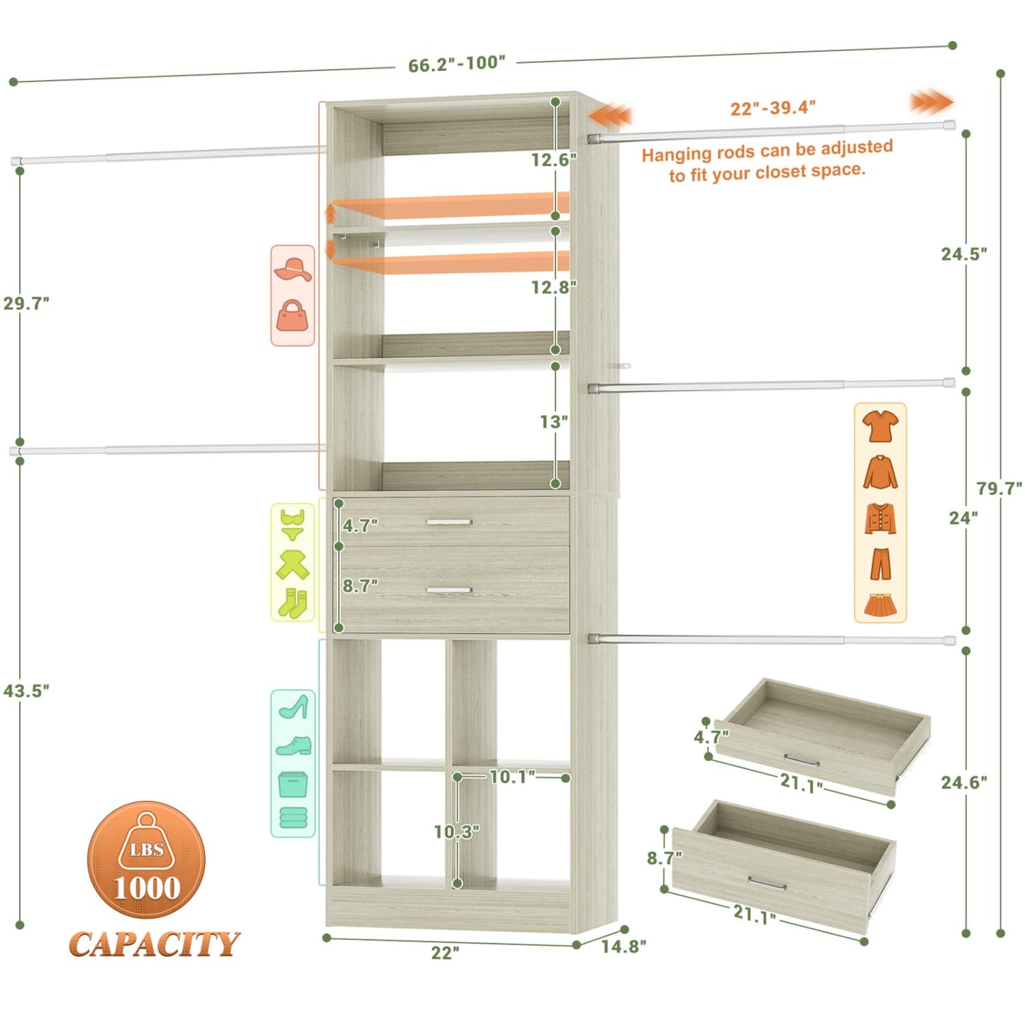 8FT Closet Organizer with Wood Drawers and Cubbies, Adjustable Closet System with 5 Hanging Rods