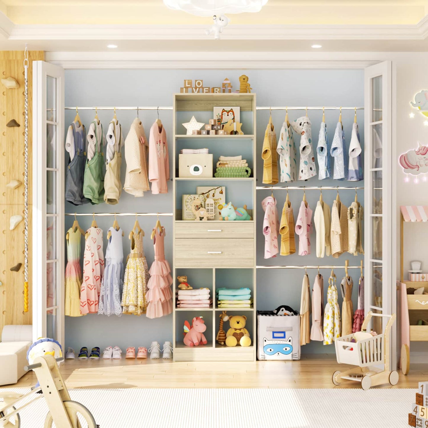 8FT Closet Organizer with Wood Drawers and Cubbies, Adjustable Closet System with 5 Hanging Rods