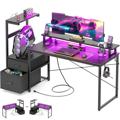 60-In Computer Desk with Fabric Drawers and Charging Station