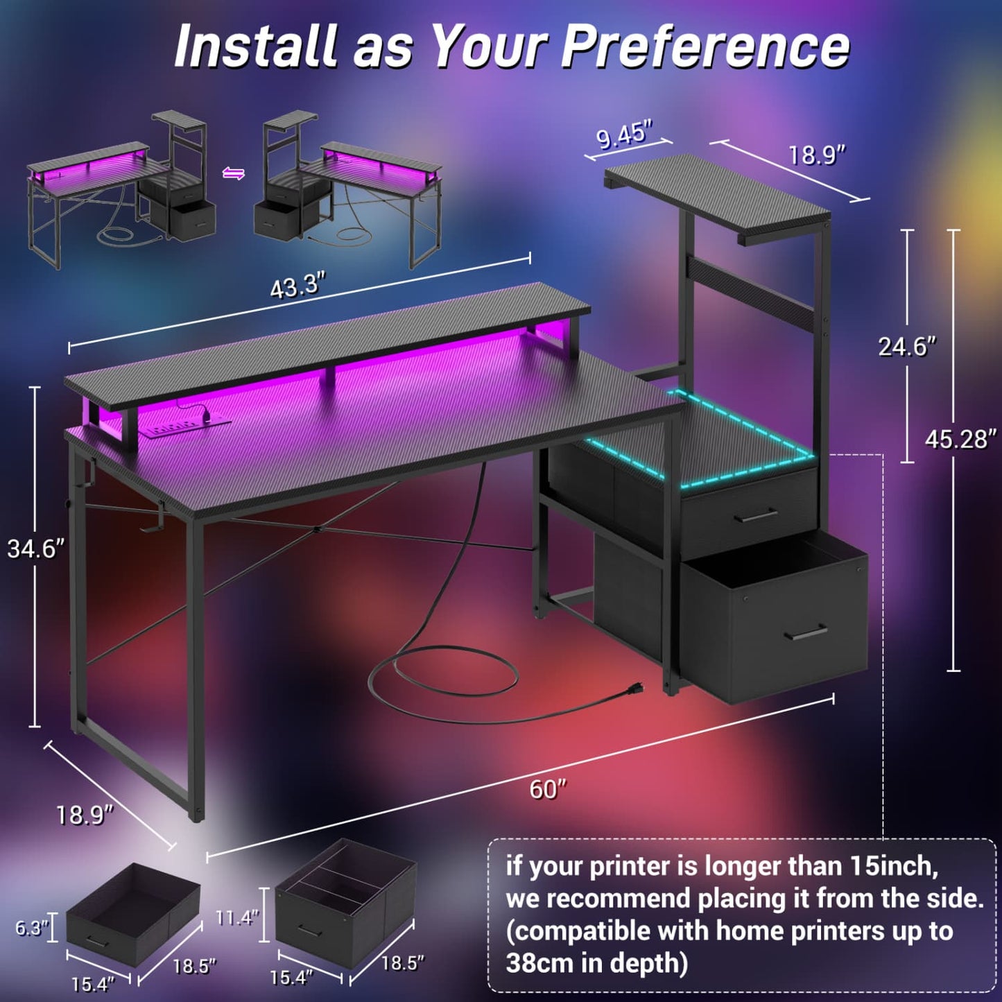 60-In Computer Desk with Fabric Drawers and Charging Station