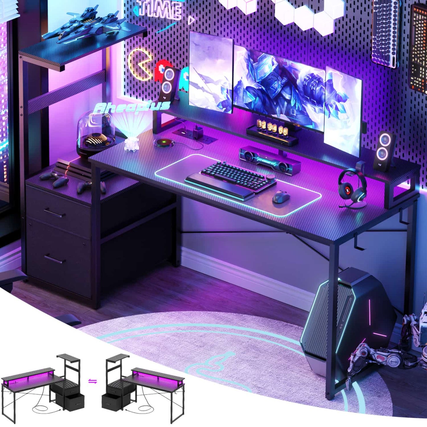 60-In Computer Desk with Fabric Drawers and Charging Station