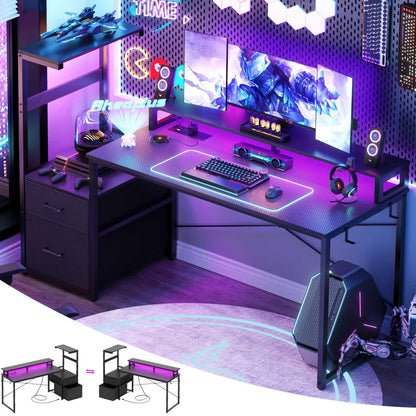 60-In Computer Desk with Fabric Drawers and Charging Station