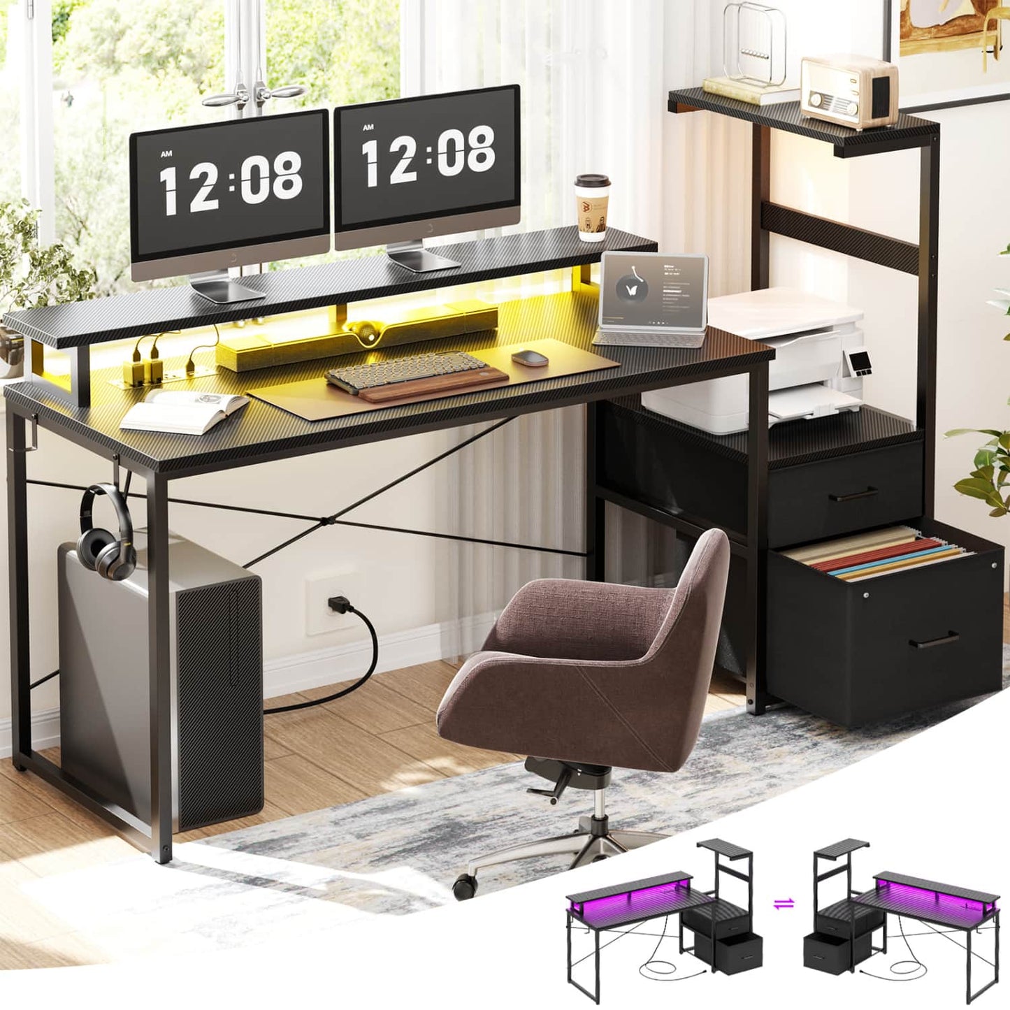 60-In Computer Desk with Fabric Drawers and Charging Station