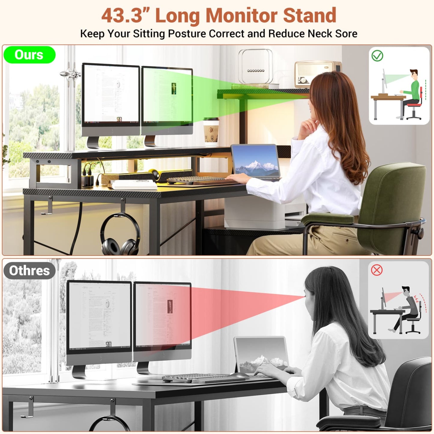 60-In Computer Desk with Fabric Drawers and Charging Station