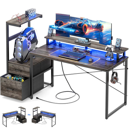 60-In Computer Desk with Fabric Drawers and Charging Station
