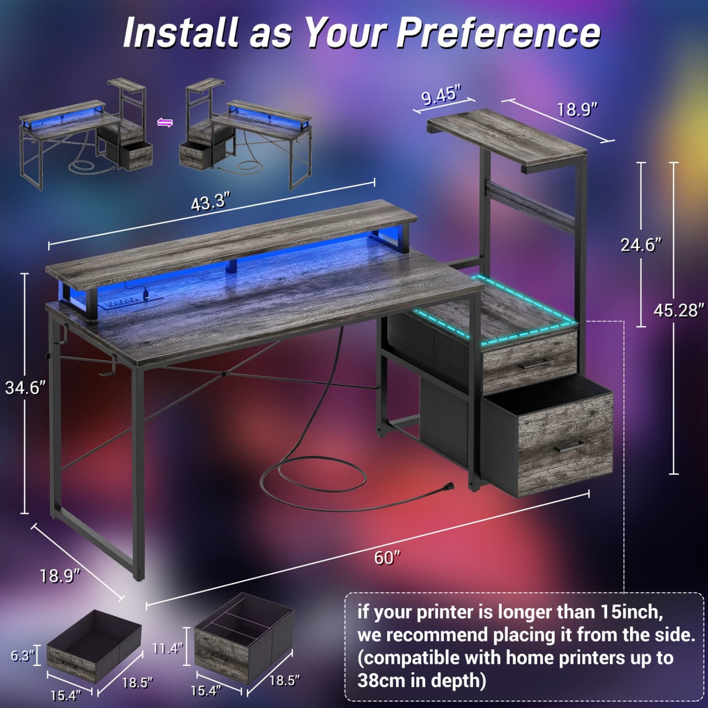 60-In Computer Desk with Fabric Drawers and Charging Station