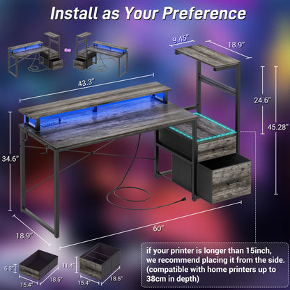 60-In Computer Desk with Fabric Drawers and Charging Station