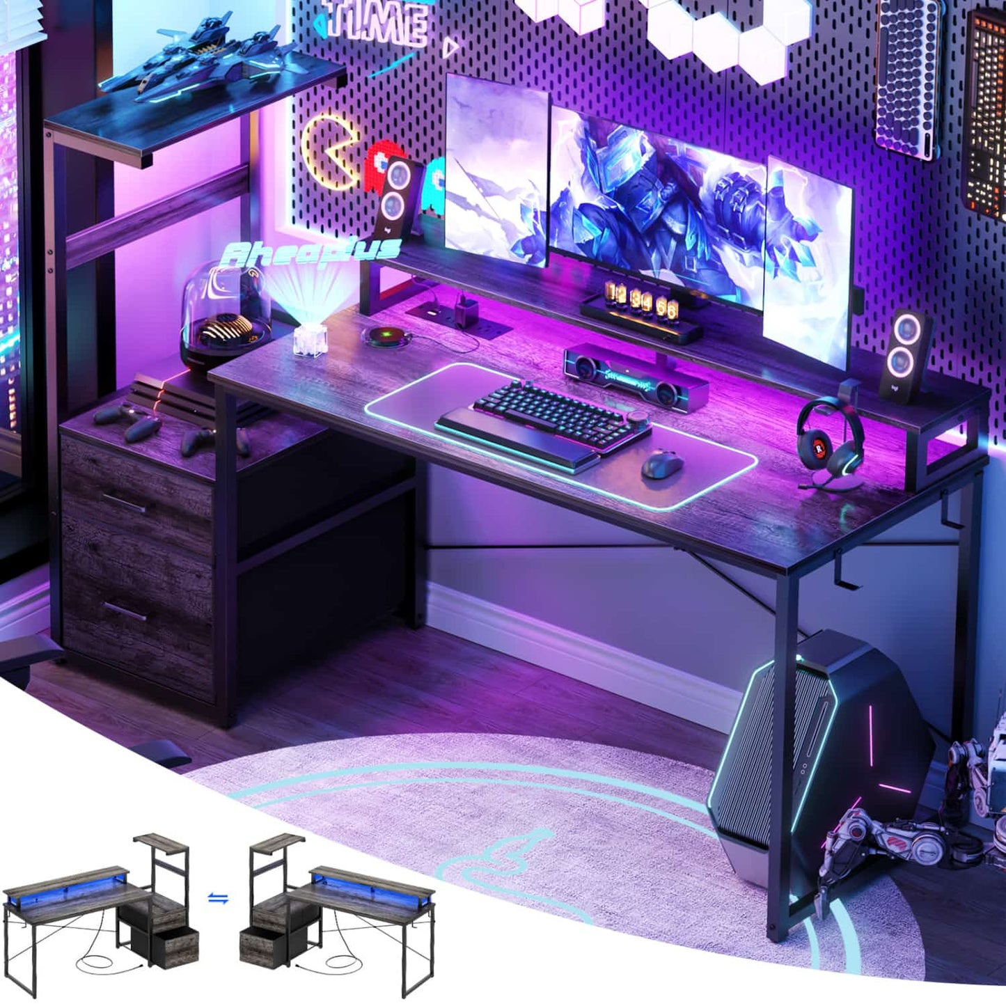 60-In Computer Desk with Fabric Drawers and Charging Station