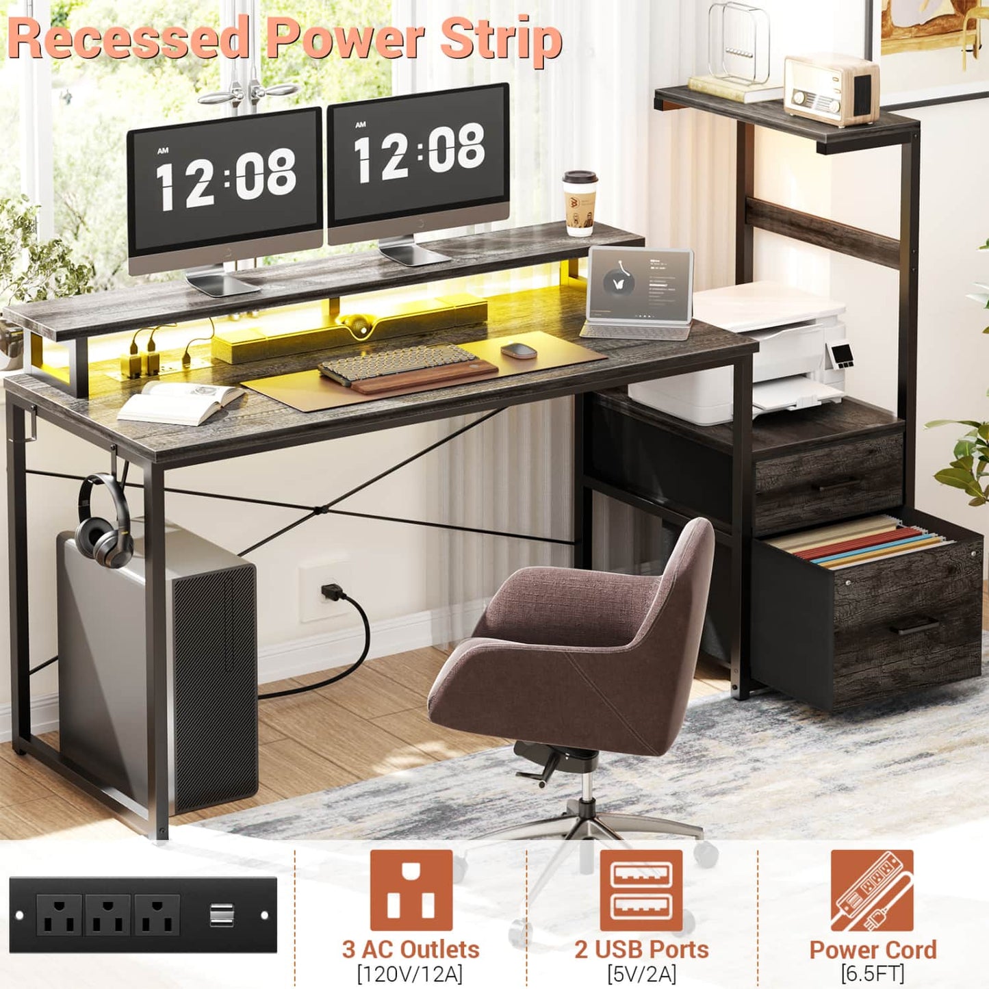 60-In Computer Desk with Fabric Drawers and Charging Station