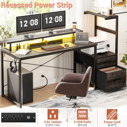 60-In Computer Desk with Fabric Drawers and Charging Station