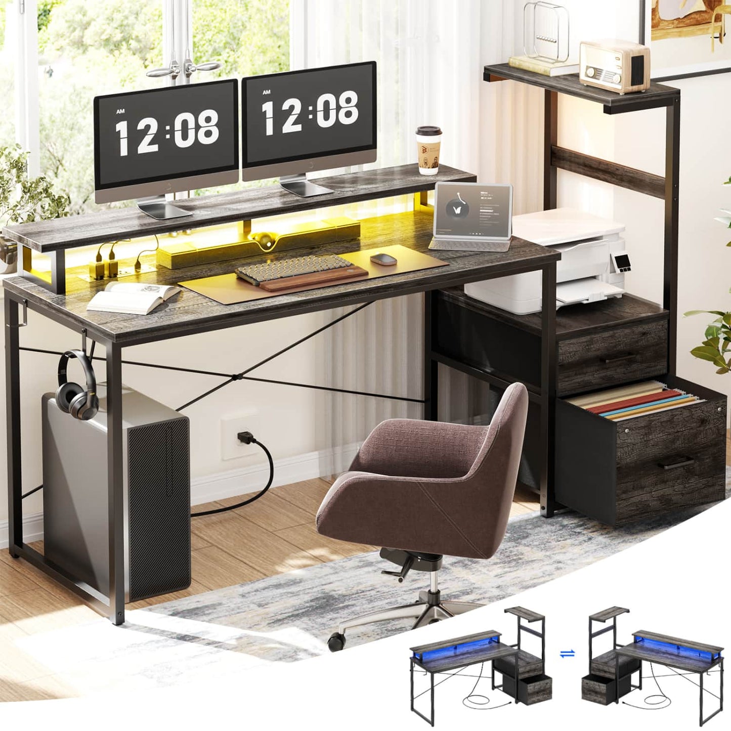 60-In Computer Desk with Fabric Drawers and Charging Station