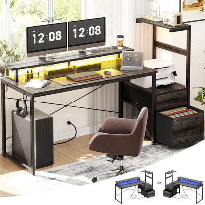 60-In Computer Desk with Fabric Drawers and Charging Station