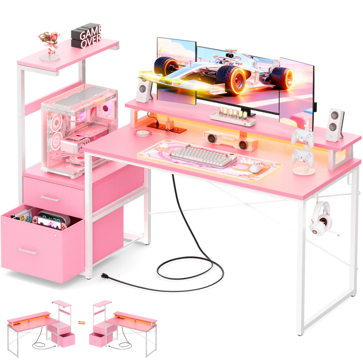 60-In Computer Desk with Fabric Drawers and Charging Station