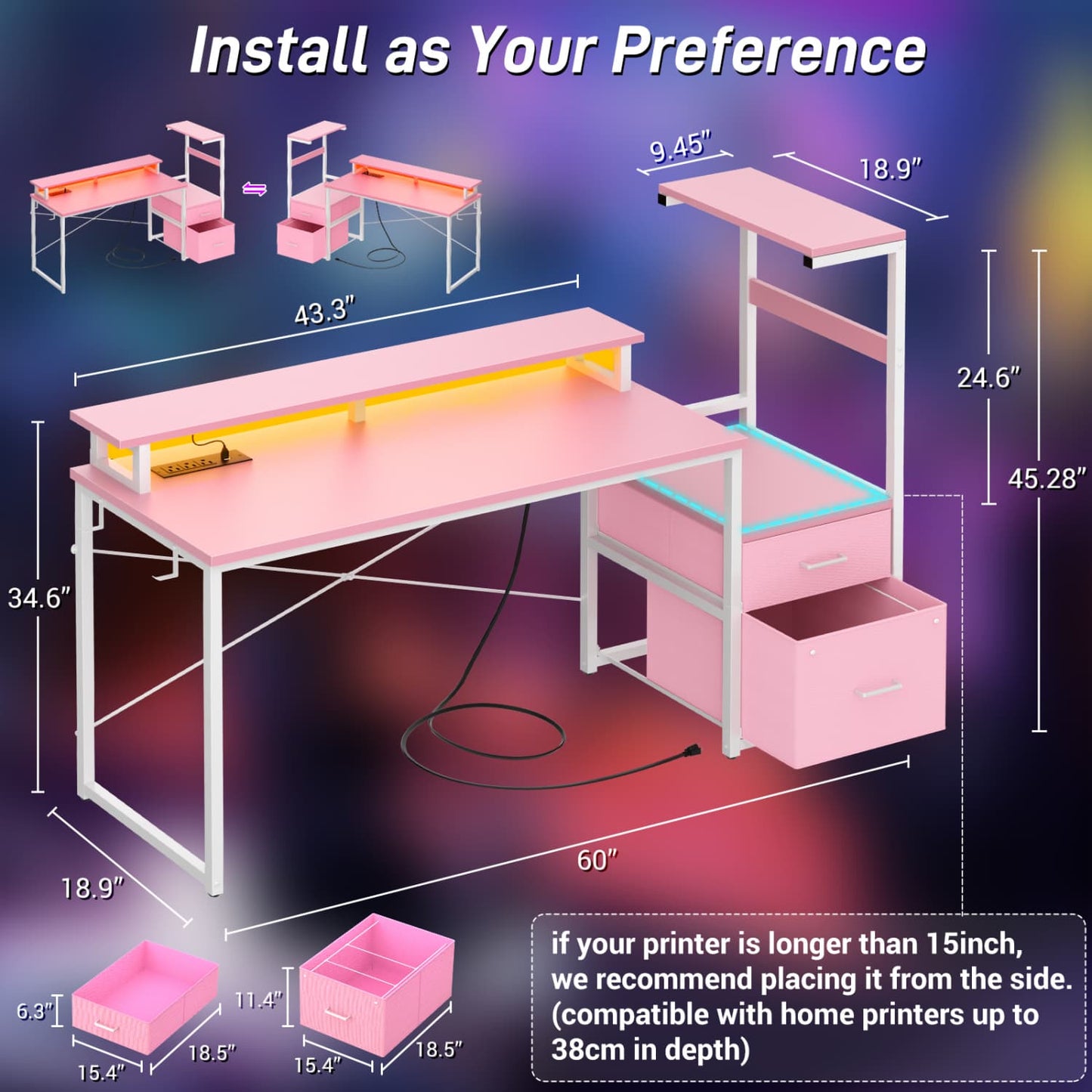 60-In Computer Desk with Fabric Drawers and Charging Station