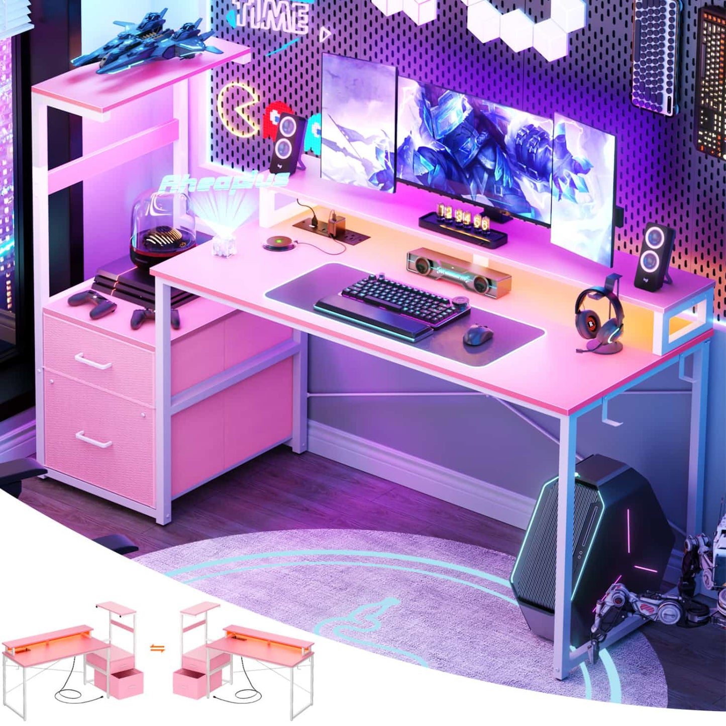 60-In Computer Desk with Fabric Drawers and Charging Station