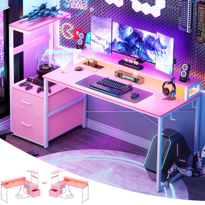 60-In Computer Desk with Fabric Drawers and Charging Station