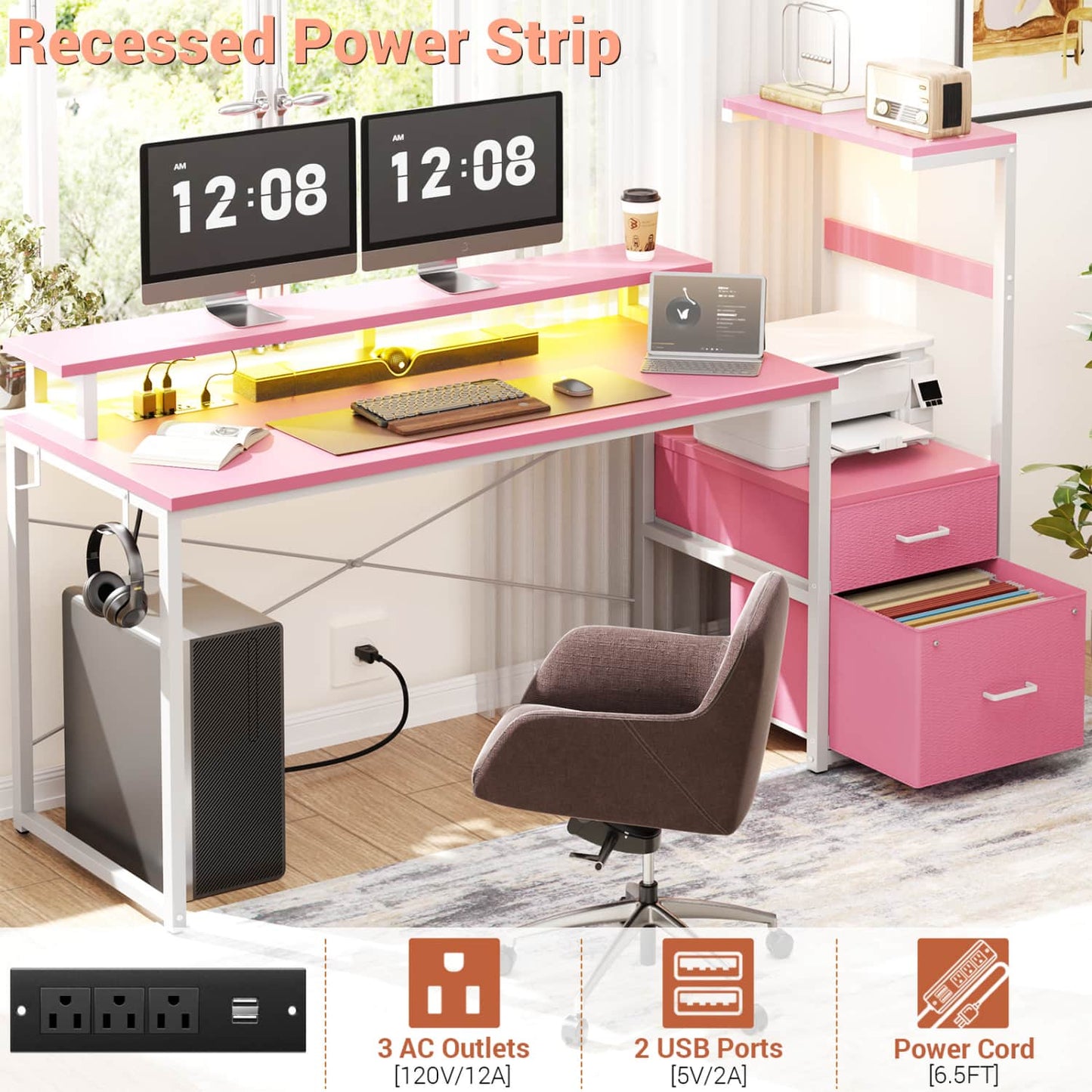 60-In Computer Desk with Fabric Drawers and Charging Station