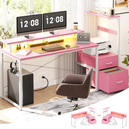 60-In Computer Desk with Fabric Drawers and Charging Station
