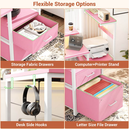 60-In Computer Desk with Fabric Drawers and Charging Station