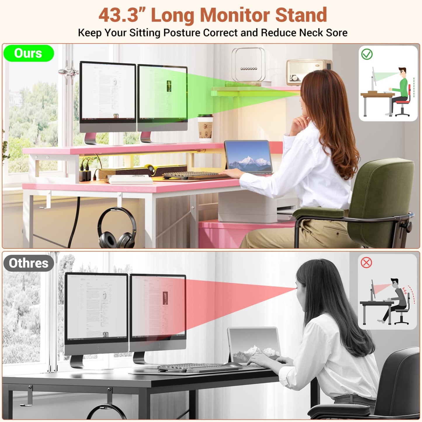 60-In Computer Desk with Fabric Drawers and Charging Station
