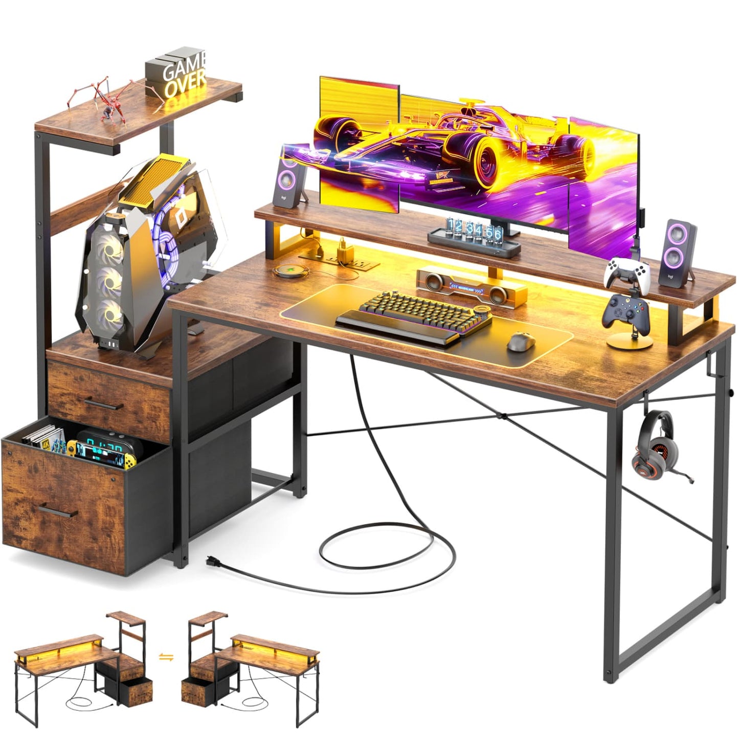 60-In Computer Desk with Fabric Drawers and Charging Station