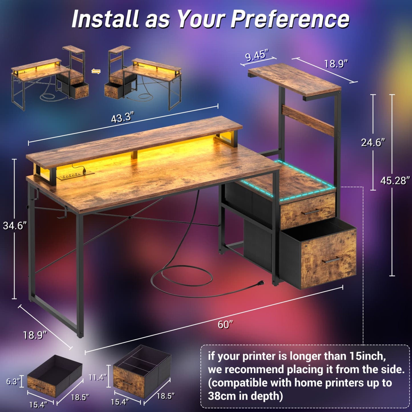 60-In Computer Desk with Fabric Drawers and Charging Station