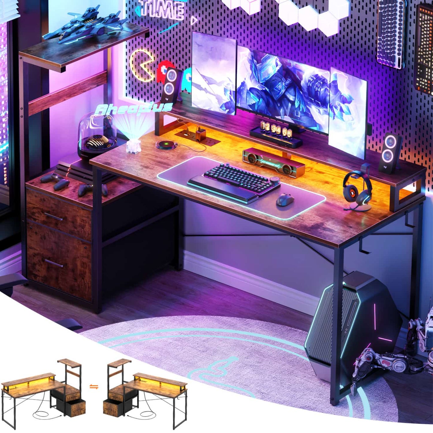 60-In Computer Desk with Fabric Drawers and Charging Station