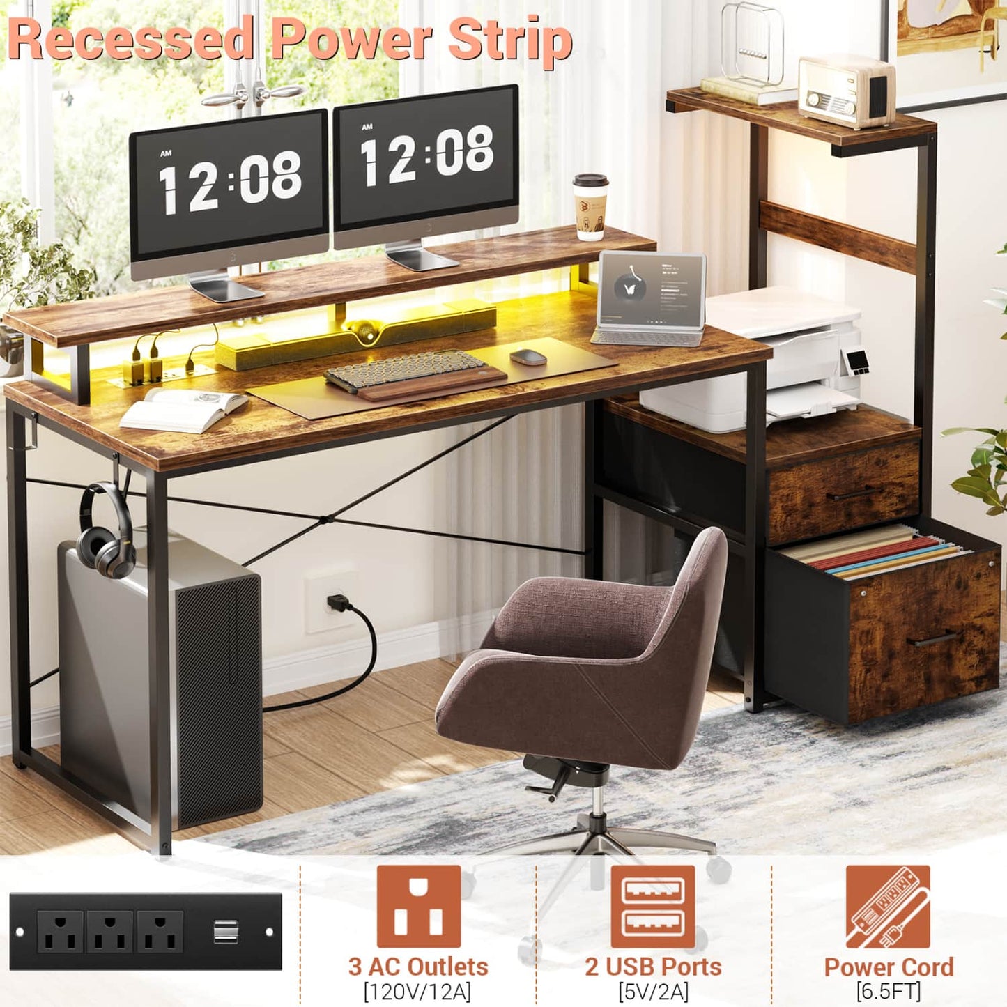 60-In Computer Desk with Fabric Drawers and Charging Station
