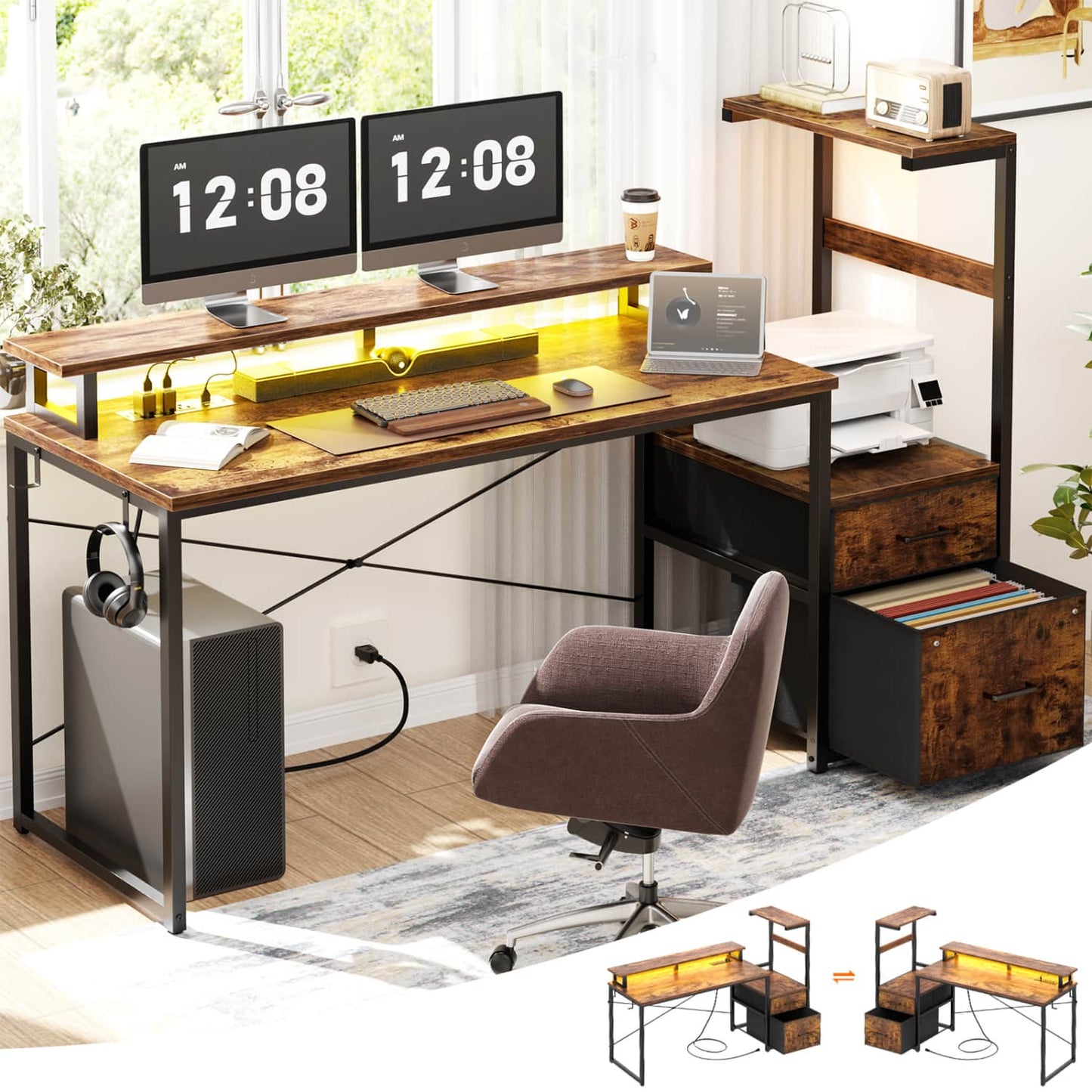 60-In Computer Desk with Fabric Drawers and Charging Station