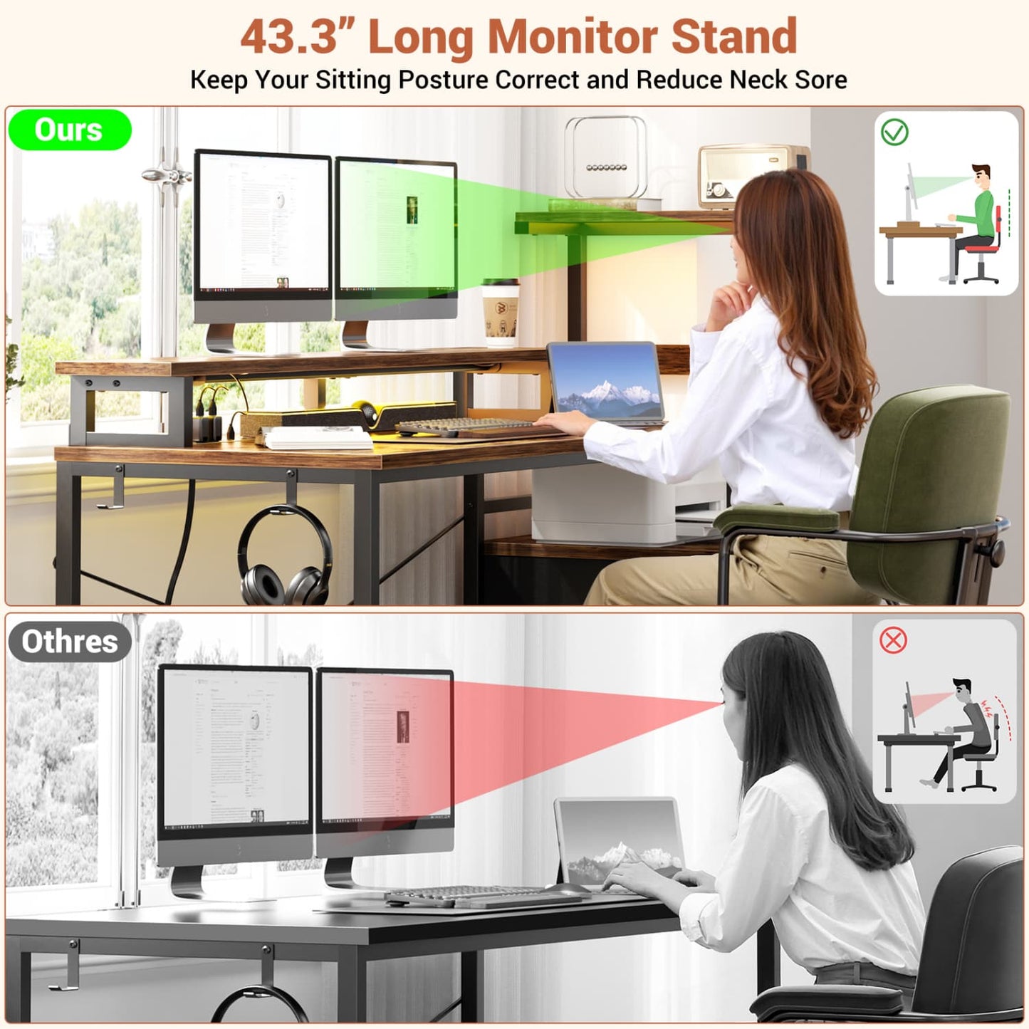 60-In Computer Desk with Fabric Drawers and Charging Station